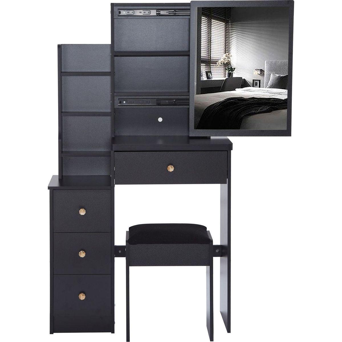 Small Size Left Bedside Cabinet Vanity Table + Cushioned Stool, Extra Large Sliding Mirror, Multi Layer, High Capacity Storage Fashionable Dresser, Suitable for Small Space, EPA,GCC,UL Certificate