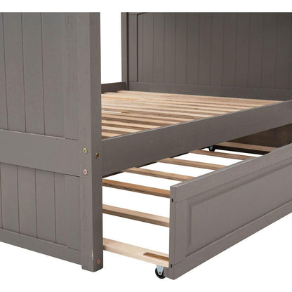 Full Over Full Bunk Bed with Twin Size Trundle, Pine Wood Bunk Bed with Guardrails, Brushed Gray