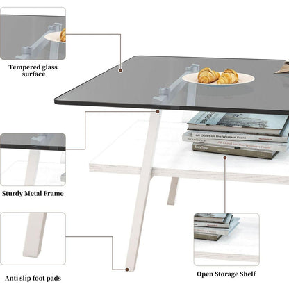 Rectangle Coffee Table, Tempered Glass Tabletop with White Metal Legs, Modern Table for Living Room, Gray Glass