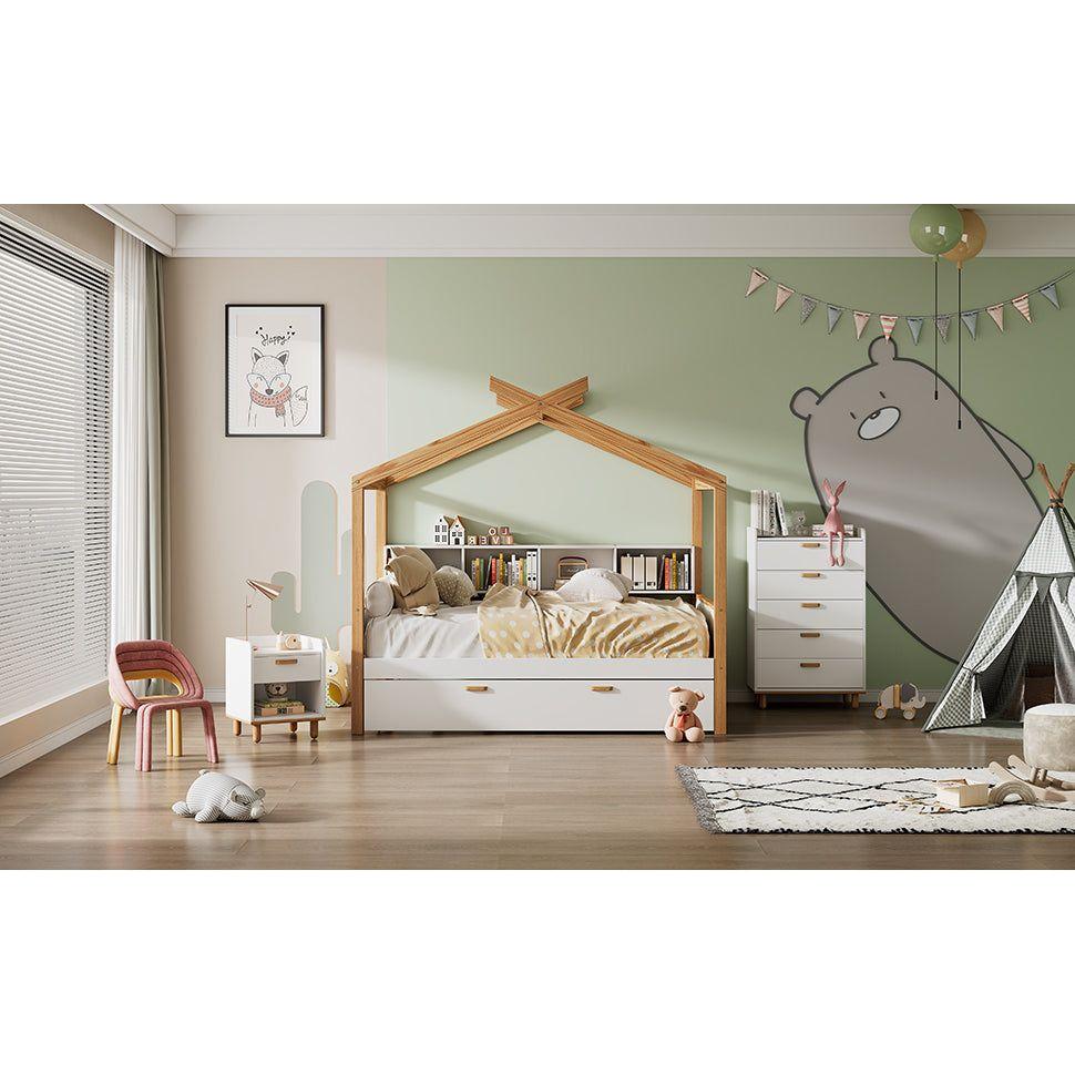 White Twin Size Wooden House Bed with Original Wood Colored Frame Twin Size Trundle and Bookshelf Storage Space for Children or Guest Room