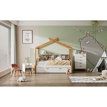 White Twin Size Wooden House Bed with Original Wood Colored Frame Twin Size Trundle and Bookshelf Storage Space for Children or Guest Room