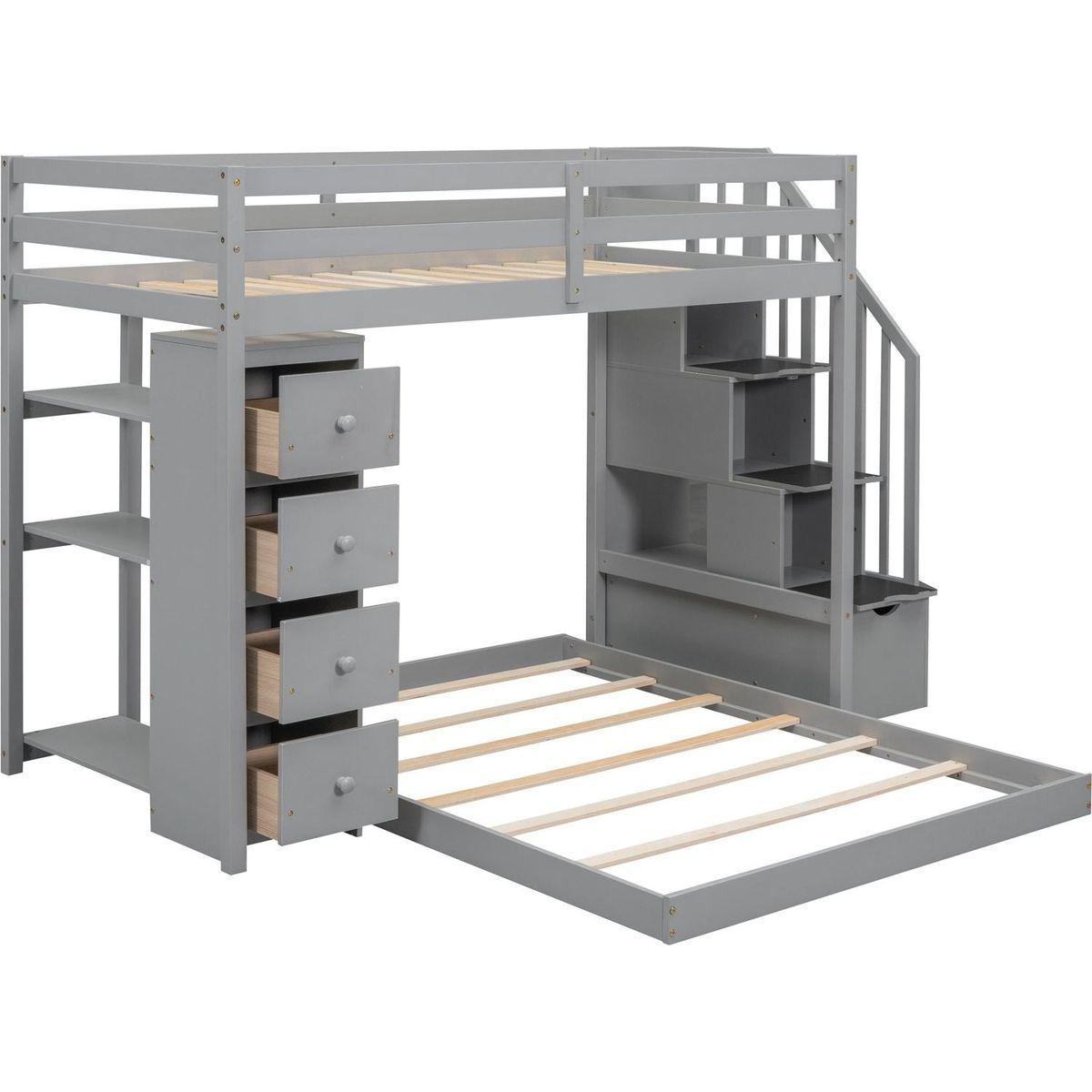 Twin Over Full Bunk Bed with 3-layer Shelves, Drawers and Storage Stairs, Gray
