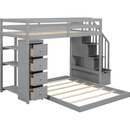 Twin Over Full Bunk Bed with 3-layer Shelves, Drawers and Storage Stairs, Gray