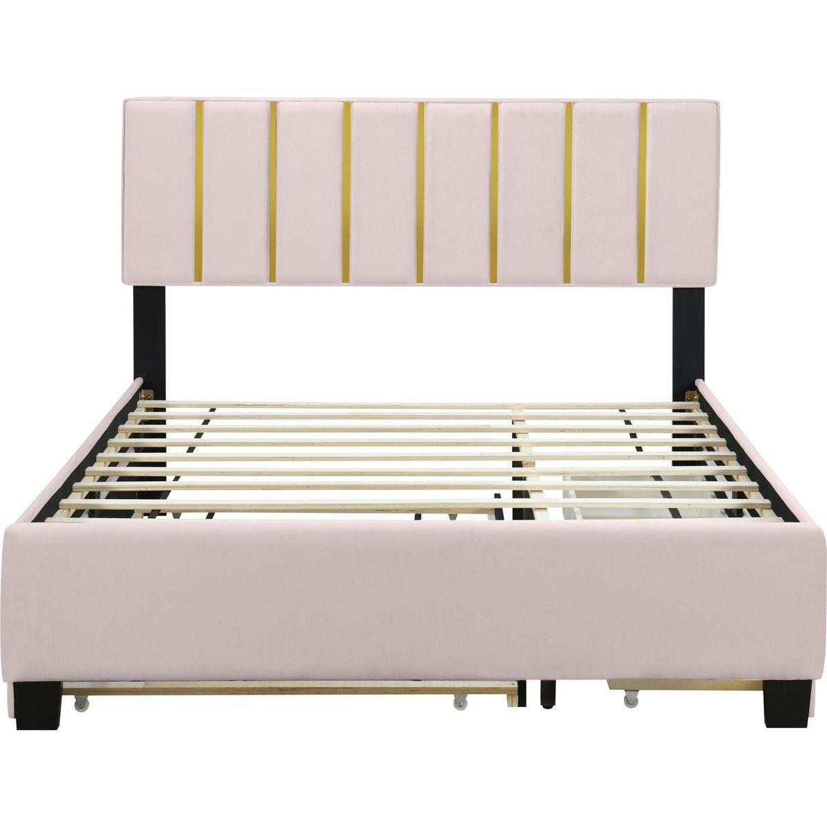 Queen Size Upholstered Platform Bed with 2 Drawers and 1 Trundle, Classic Metal Strip Headboard Design, Pink