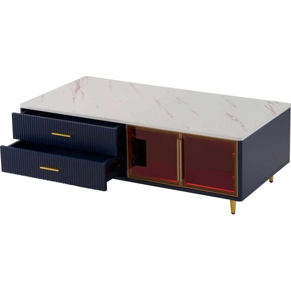 Modern Navy Blue Coffee Table with 2 Glass Door Storage, 4 Drawers, Gold Metal Legs, and Multi-Color Lighting in 47.2"