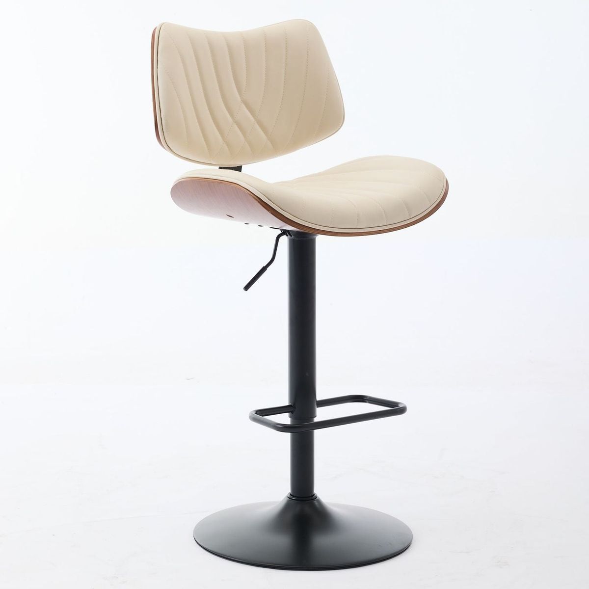 Walnut Bentwood Bar Stools Mid Century Modern Adjustable Counter Height Black Leather Upholstered 360Swivel Bar Chairs for Kitchen Island/Dining Room/Cafe, 1 chair/1carton,Beige