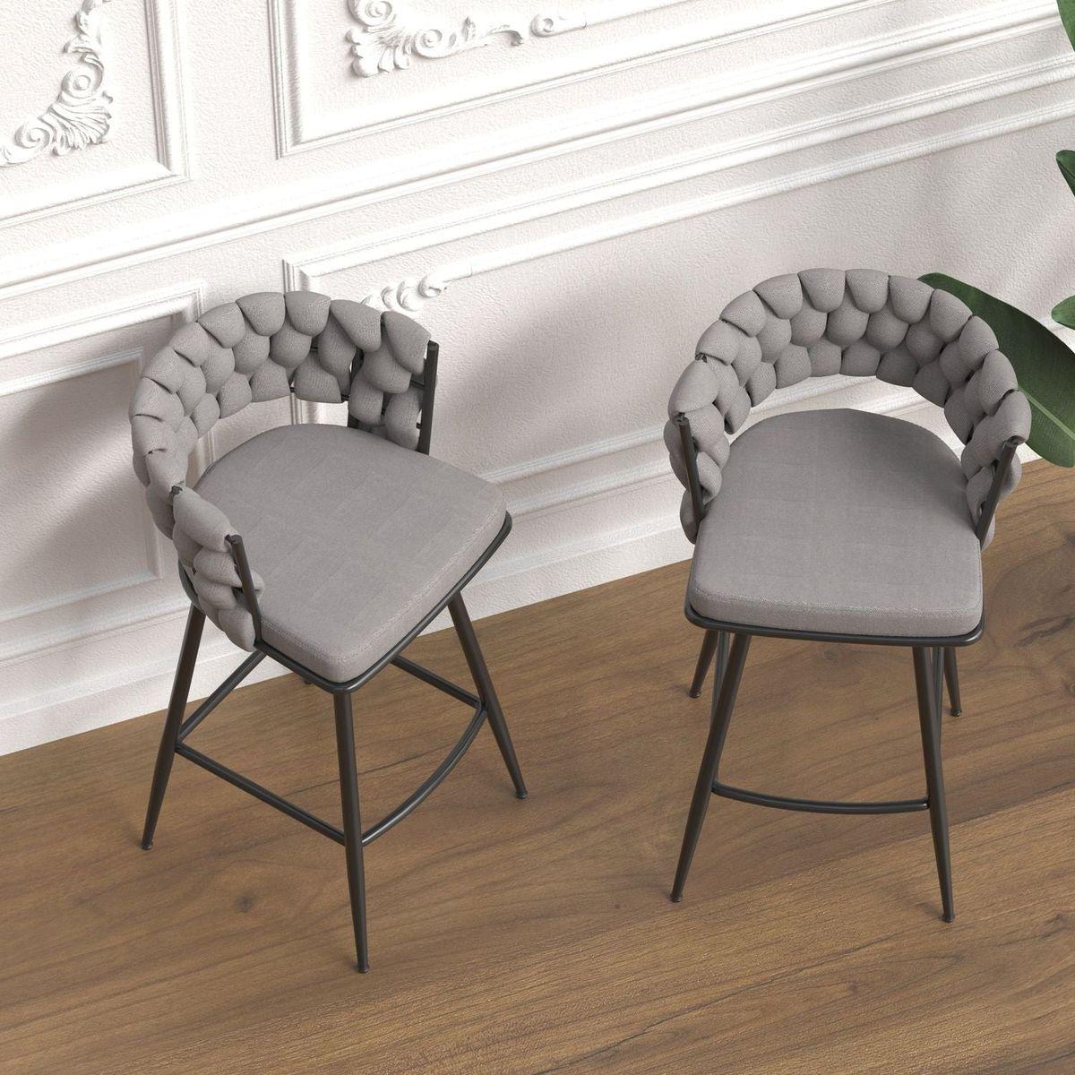 Bar Chair Linen Woven Bar Stool Set of 2,Black legs Barstools No Adjustable Kitchen Island Chairs,360 Swivel Bar Stools Upholstered Bar Chair Counter Stool Arm Chairs with Back Footrest, (Grey)