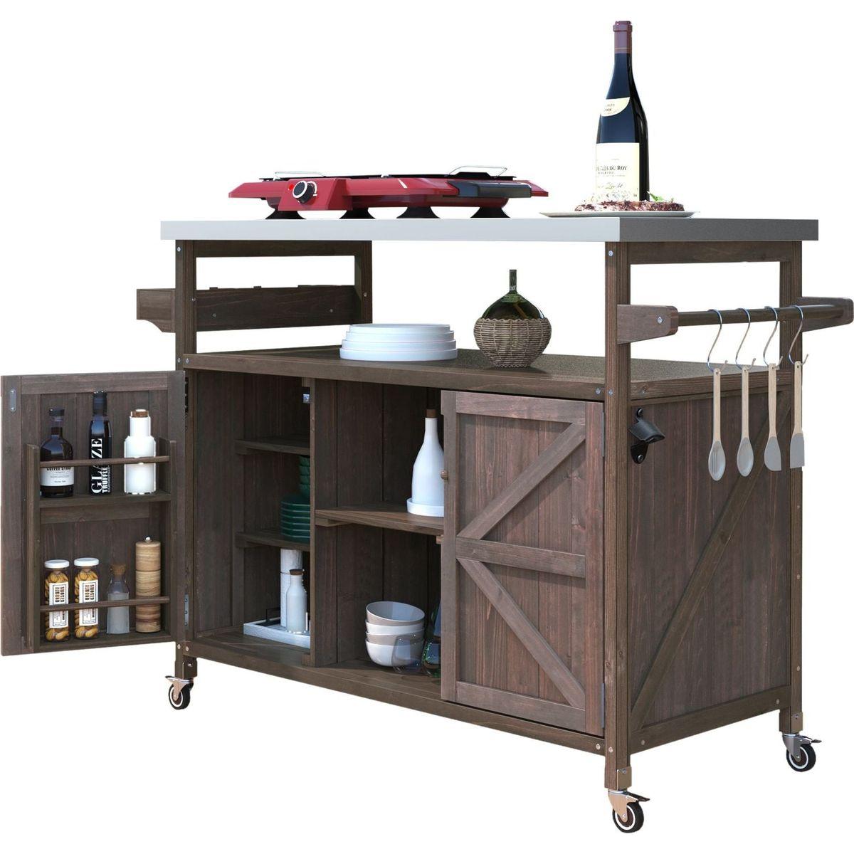Outdoor Kitchen Island, Rolling Bar Cart & Storage Cabinet, Farmhouse Solid Wood Outdoor Grill Table with Stainless Steel Top, Spice Rack, Towel Rack for Kitchen & Barbecue, Dark Brown
