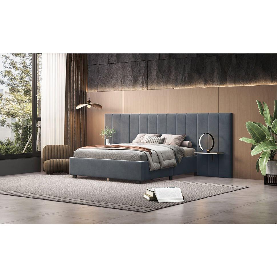 Queen Size Upholstered Platform Bed with Big Headboard, Bedroom Furniture, Velvet, Gray