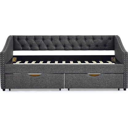 Twin Size Daybed with Drawers Upholstered Tufted Sofa Bed, with Button on Back and Copper Nail on Waved Shape Arms(81.5"x4"x30.5")