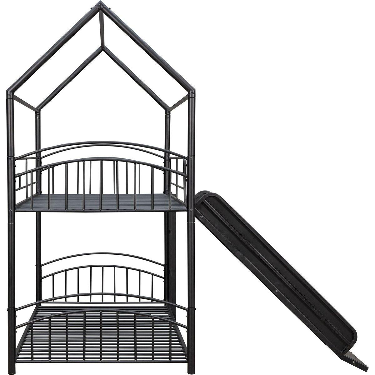 Twin Over Twin Metal Bunk Bed With Slide,Kids House Bed Black