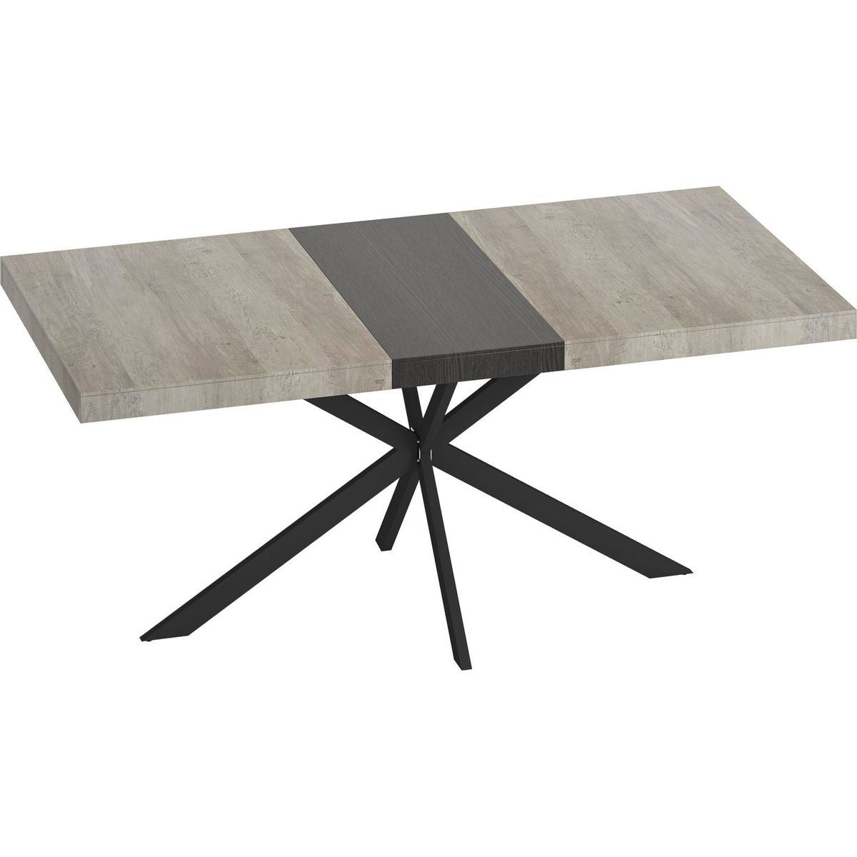 55.11" -70.86"Retro Rectangular Stretch Dining Table, Grey Carole Top With Black Embossed Center Plate, Black Fine Sand Cross Iron Foot Base Dining Table, With Storage Box.
