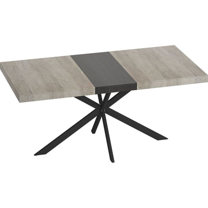 55.11" -70.86"Retro Rectangular Stretch Dining Table, Grey Carole Top With Black Embossed Center Plate, Black Fine Sand Cross Iron Foot Base Dining Table, With Storage Box.