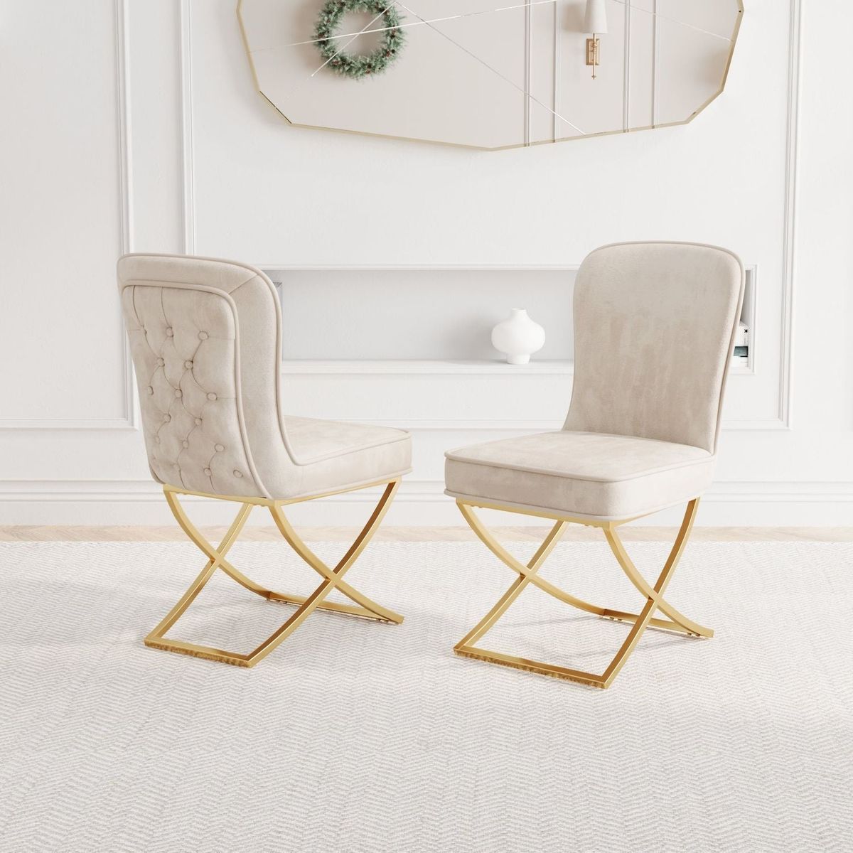 Dining Chair Set of 2, Beige velvet Backrest and golden Metal legs.For Modern Kitchen Dining Room Chair for Kitchen Living Modern decorative Leisure chairs.Office chairs y-2009