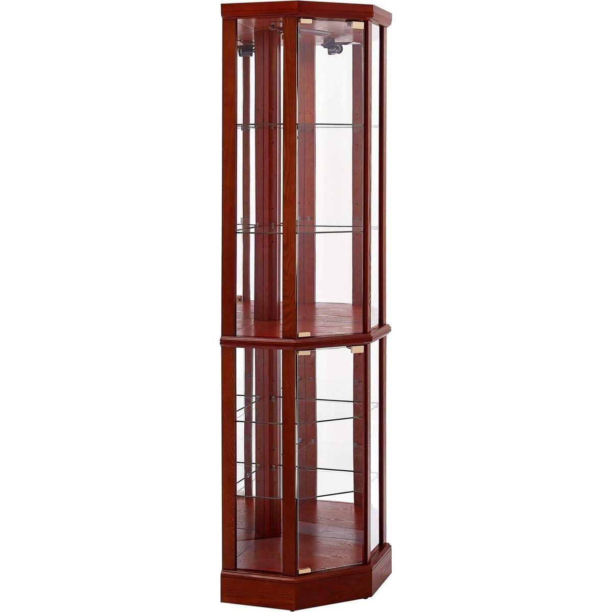 6 Shelf Lighted Corner Curio Cabinet with Adjustable Tempered Glass Shelves and Mirror Back, Cherry