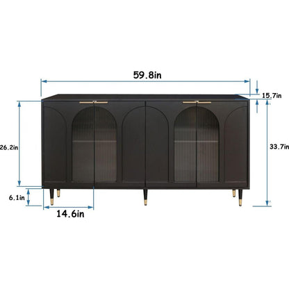 Accent Cabinet Black Lacquered Wooden Cabinet with 4 Glass Doors Sideboard Buffet Server Cabinet Storage Cabinet, for Living Room, Entryway, Hallway, Office, Kitchen and Dining Room