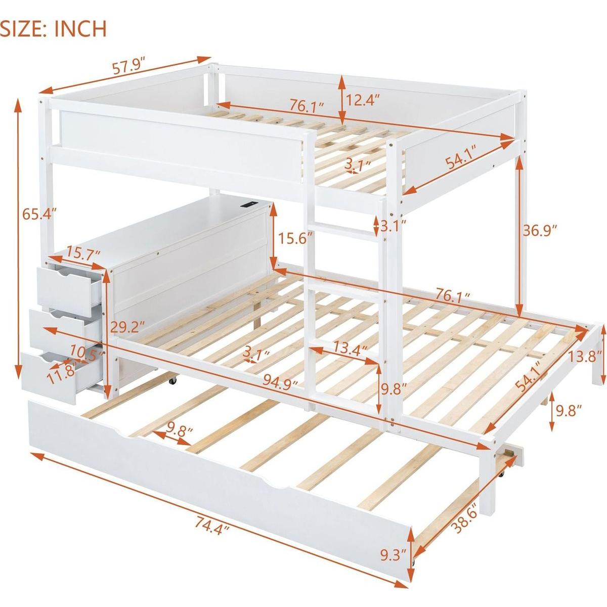 Full-Over-Full Bunk Bed with Twin size Trundle, Storage and Desk, White