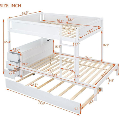 Full-Over-Full Bunk Bed with Twin size Trundle, Storage and Desk, White