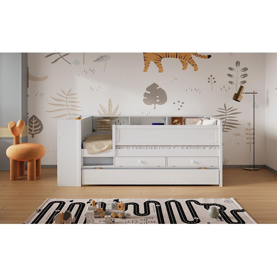 Multi-Functional Twin Daybed with Drawers and Trundle, Headboard Storage and Tables, USB Charging Station, White