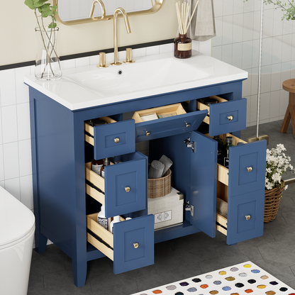 36" Bathroon Vanity with Resin Sink Combo Set, Modern Freestanding Single Bathroom Cabinet with 6 Drawers & 2 Cabinets, Storage Cabinet for Bathroom, Solid Wood Frame Vanity Set, Blue