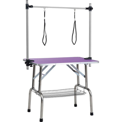 46" Folding Dog Pet Grooming Table Stainless Steel Frame Rubber Mat on Board with Adjustable Arm and Clamps pet dog Cat Grooming Table (PURPLE COLOR)
