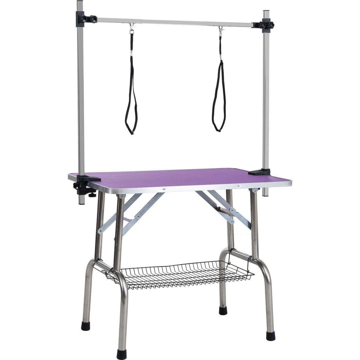 36" Folding Dog Pet Grooming Table Stainless Steel Frame Rubber Mat on Board with Adjustable Arm and Clamps pet dog Cat Grooming Table (PURPLE COLOR)