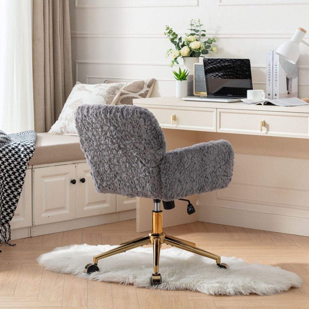 Office Chair,Artificial rabbit hair Home Office Chair with Golden Metal Base,Adjustable Desk Chair Swivel Office Chair,Vanity Chair(Gray)