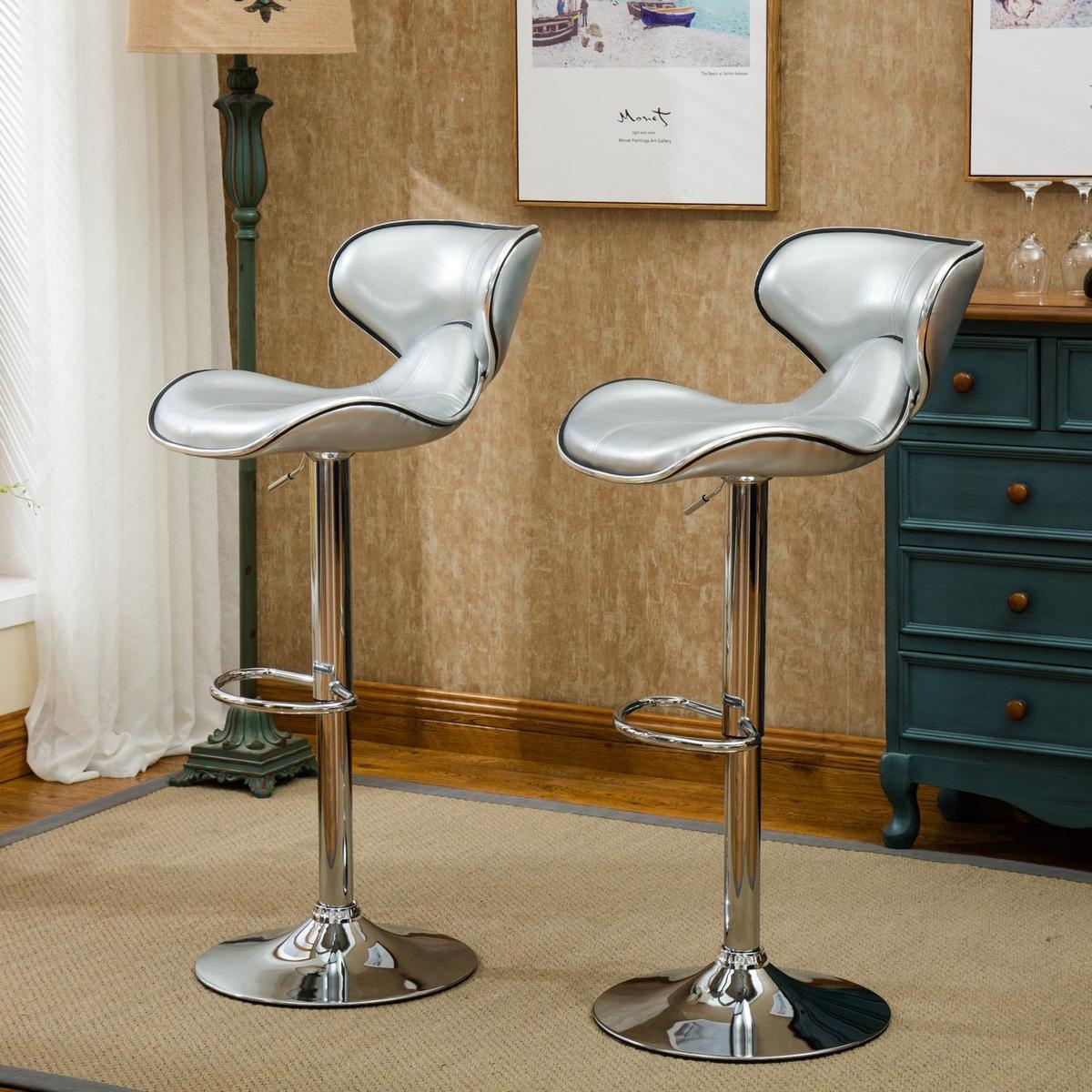 Masaccio Upholstery Airlift Adjustable Swivel Barstool with Chrome Base, Set of 2, Silver - Streamdale Furniture