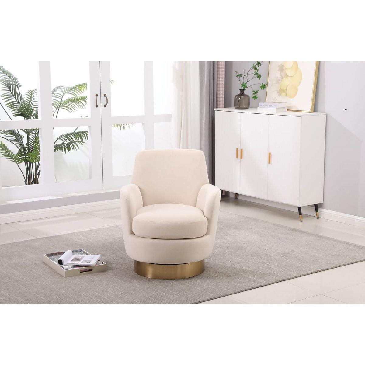 Velvet Swivel Barrel Chair, Swivel Accent Chairs Armchair for Living Room, Reading Chairs for Bedroom Comfy, Round Barrel Chairs with Gold Stainless Steel Base (Beige)