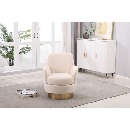Velvet Swivel Barrel Chair, Swivel Accent Chairs Armchair for Living Room, Reading Chairs for Bedroom Comfy, Round Barrel Chairs with Gold Stainless Steel Base (Beige)