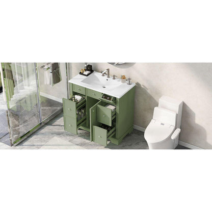 36" Bathroom Vanity with Sink, One Cabinet with Three drawers and One Flip Drawer, Solid Wood and MDF Board, Green