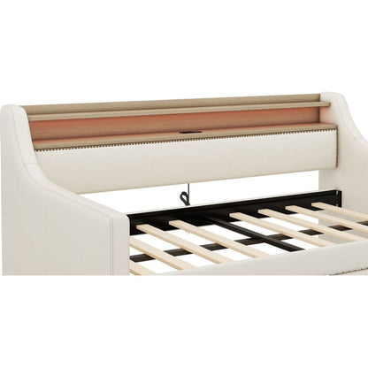 Twin Size Daybed with Storage Drawers, Upholstered Daybed with Charging Station and LED Lights, Beige