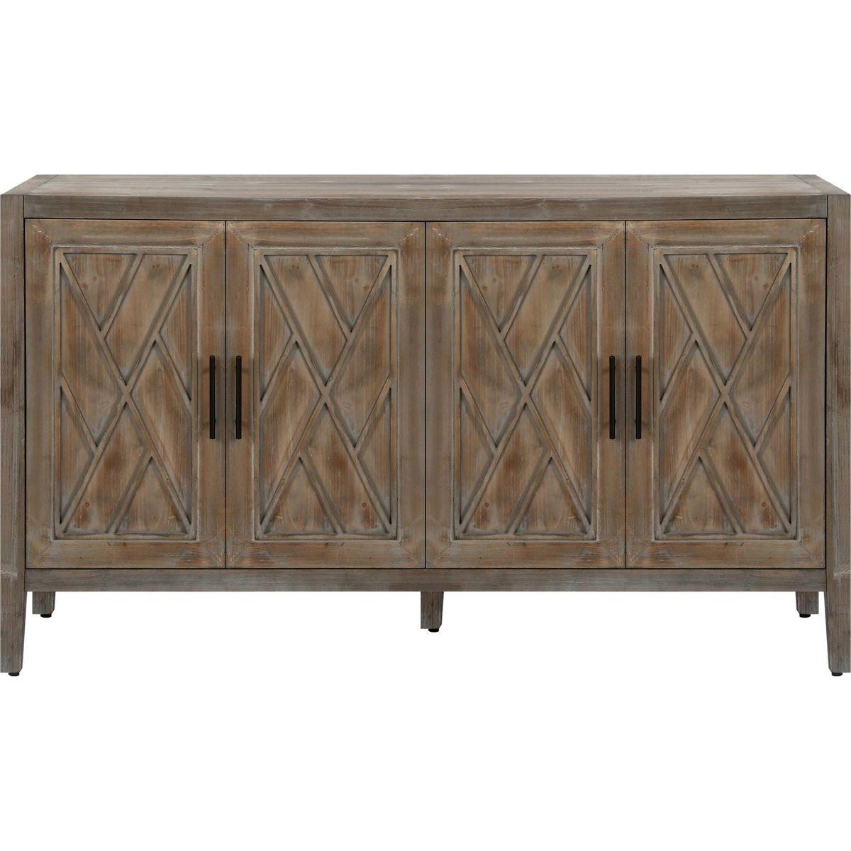4 Door Wooden Twill Sideboard American Country Vintage Old Living Room Dining Room Hallway Entryway Cabinet (Brown)