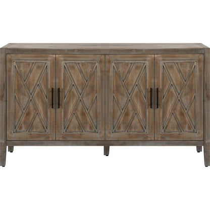 4 Door Wooden Twill Sideboard American Country Vintage Old Living Room Dining Room Hallway Entryway Cabinet (Brown)