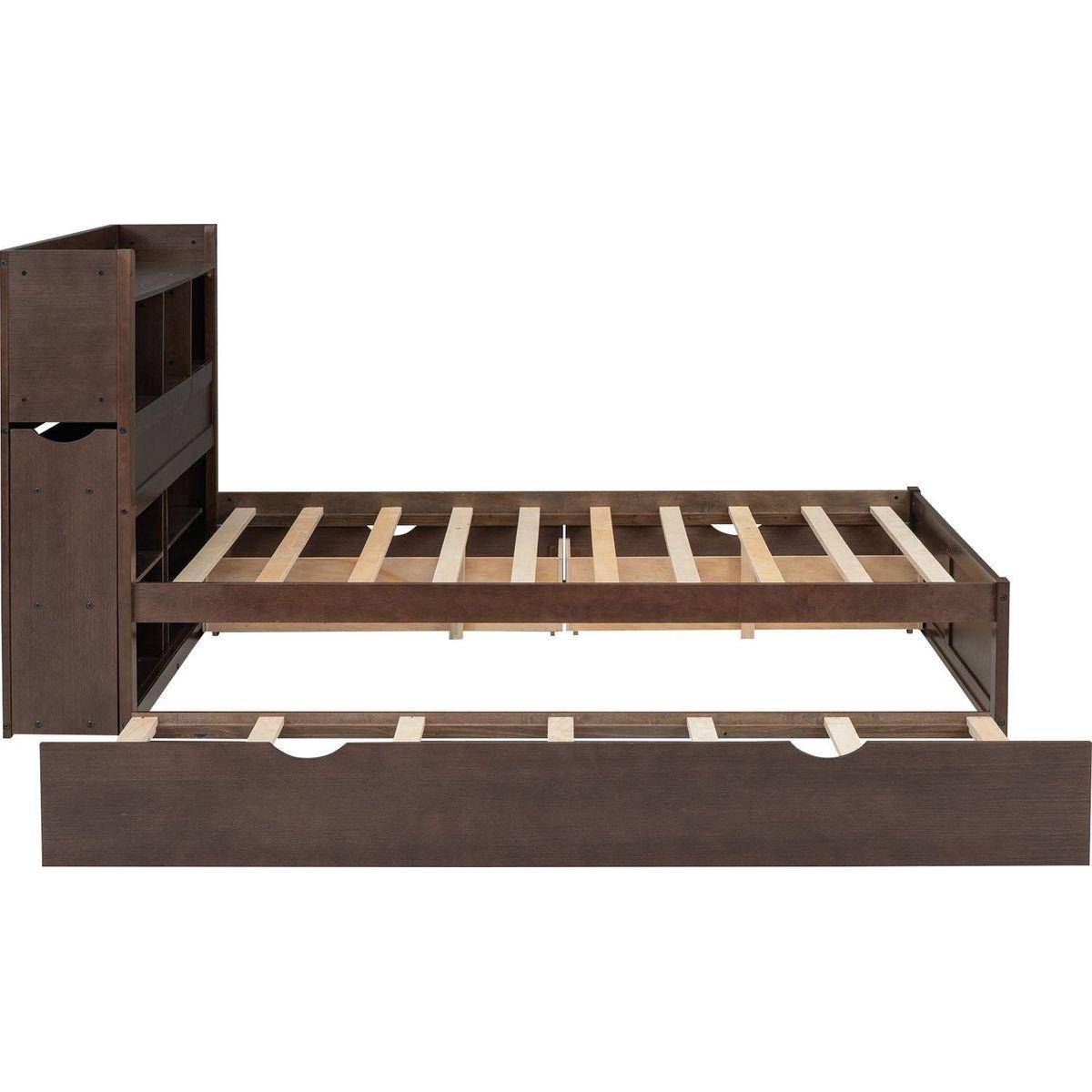 Full Size Storage Platform Bed with Pull Out Shelves, Twin Size Trundle and 2 Drawers, Espresso