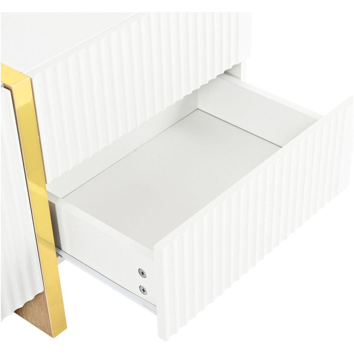 Luxury Fluted TV Stand for TVs Up to 80", Modern Entertainment Center with Storage Cabinets & Drawers, Smooth Media Console with Golden Wood Grain Legs for Living Room, White