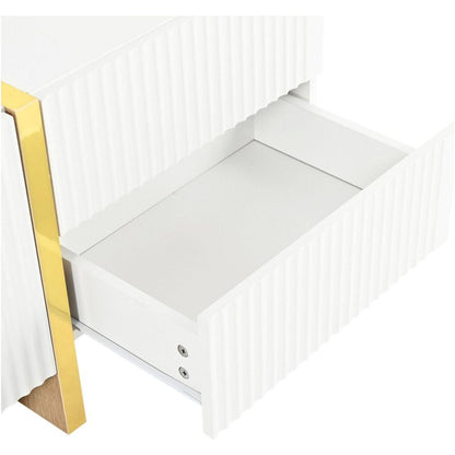 Luxury Fluted TV Stand for TVs Up to 80", Modern Entertainment Center with Storage Cabinets & Drawers, Smooth Media Console with Golden Wood Grain Legs for Living Room, White