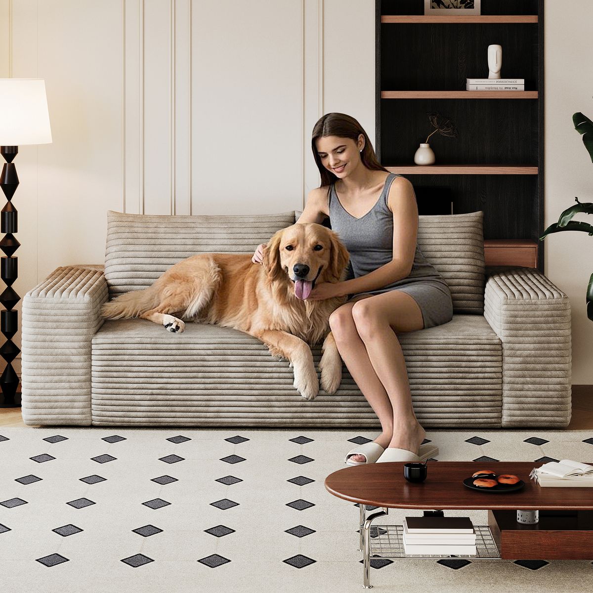 63' 2Setaser Sofa,Corduroy Fabric,Deep Seat Couches,Comfy Loveseat Sofa,No Assembly,1pcs for Living room, Bedroom,Conference room ,Apartment,Camel