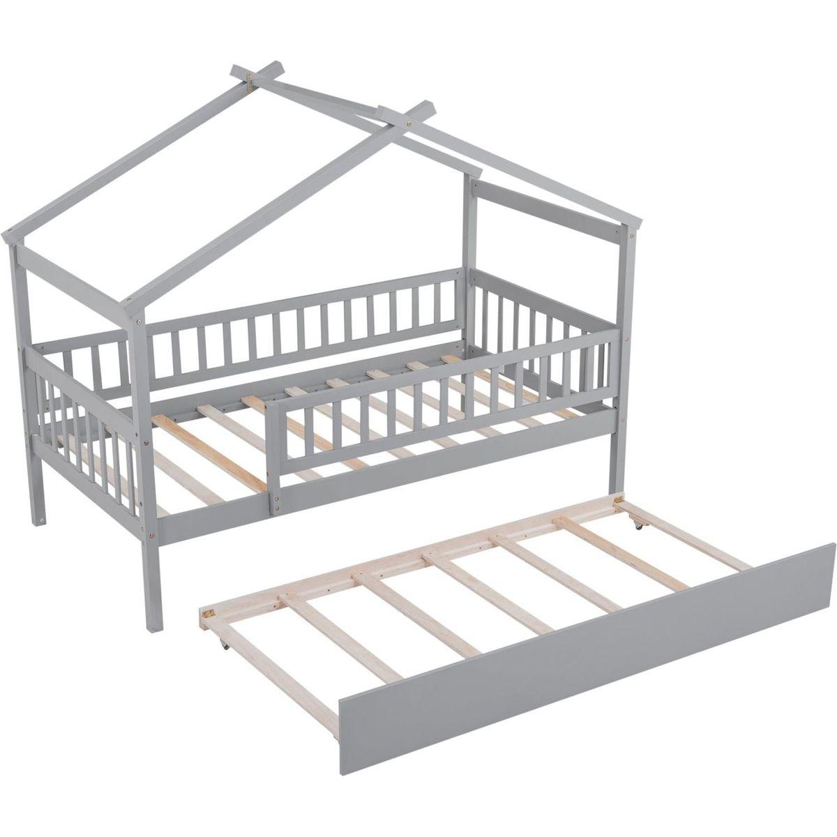 Twin Size Wooden House Bed with Twin Size Trundle, Gray