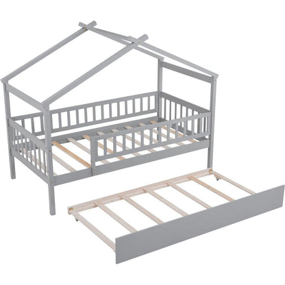 Twin Size Wooden House Bed with Twin Size Trundle, Gray