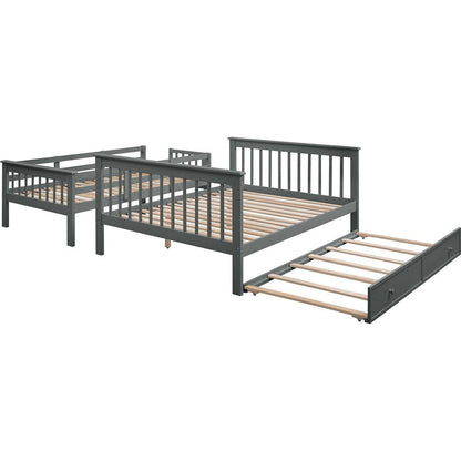 Stairway Twin-Over-Full Bunk Bed with Twin size Trundle, Storage and Guard Rail for Bedroom, Dorm, for Adults, Gray