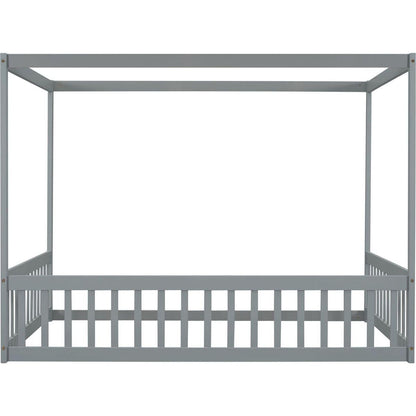 Full Size Canopy Frame Floor Bed with Fence, Guardrails,Grey