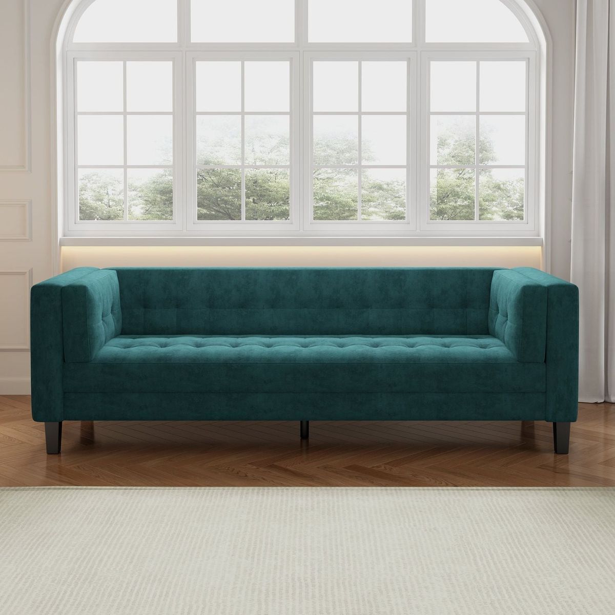 3-Seater Sofa, Upholstered Tufted Coach, Velvet Sofa, Green