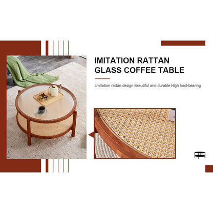Modern minimalist circular double-layer solid wood coffee table, craft glass tabletop, second layer material: PE rattan, solid wood frame. 34.6 'x 34.6' x 17.7"