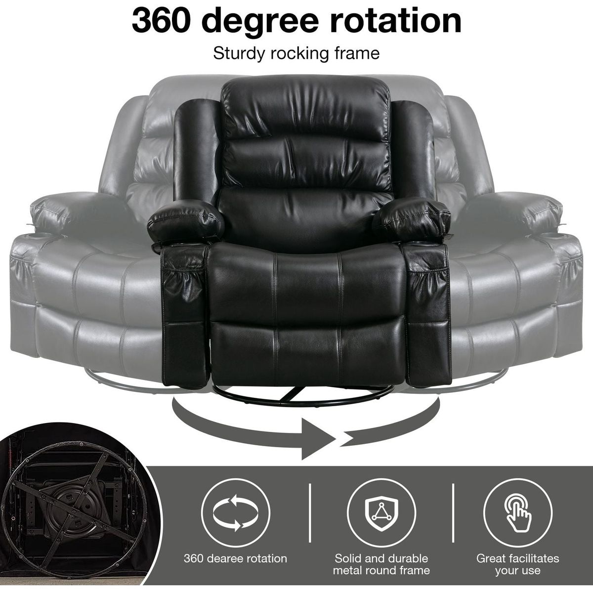 Massage Swivel Rocker Recliner Chair with Vibration Massage and Heat Ergonomic Lounge Chair for Living Room with Rocking Function and Side Pocket 2 Cup Holders USB Charge Port, black.