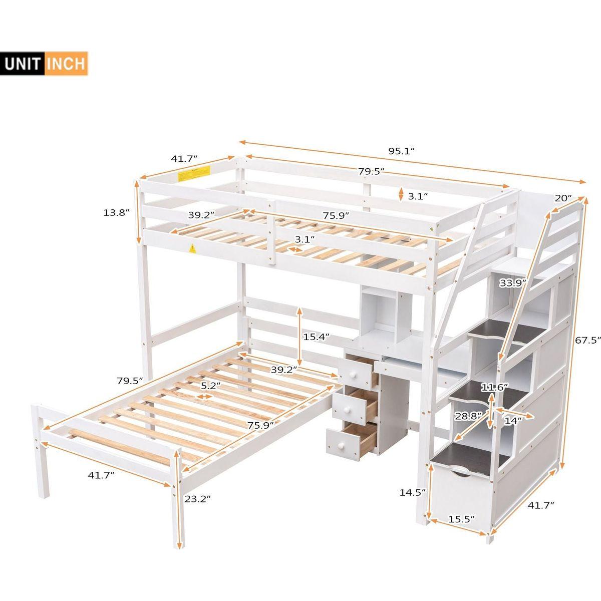 Twin Size Loft Bed with a Stand-alone Bed, Storage Staircase, Desk, Shelves and Drawers, White
