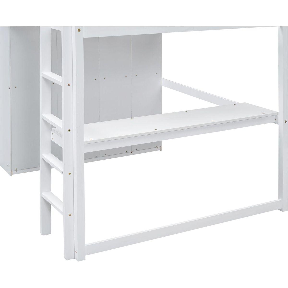 Wood Full Size Loft Bed with Built-in Wardrobe, Desk, Storage Shelves and Drawers, White