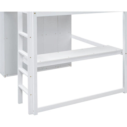 Wood Full Size Loft Bed with Built-in Wardrobe, Desk, Storage Shelves and Drawers, White