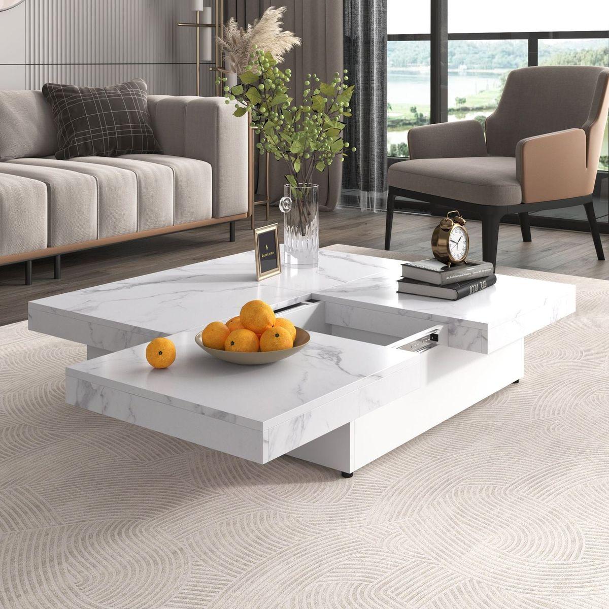 Square Marble Veneer Coffee Table Sliding Top with Storage in White 39.4"