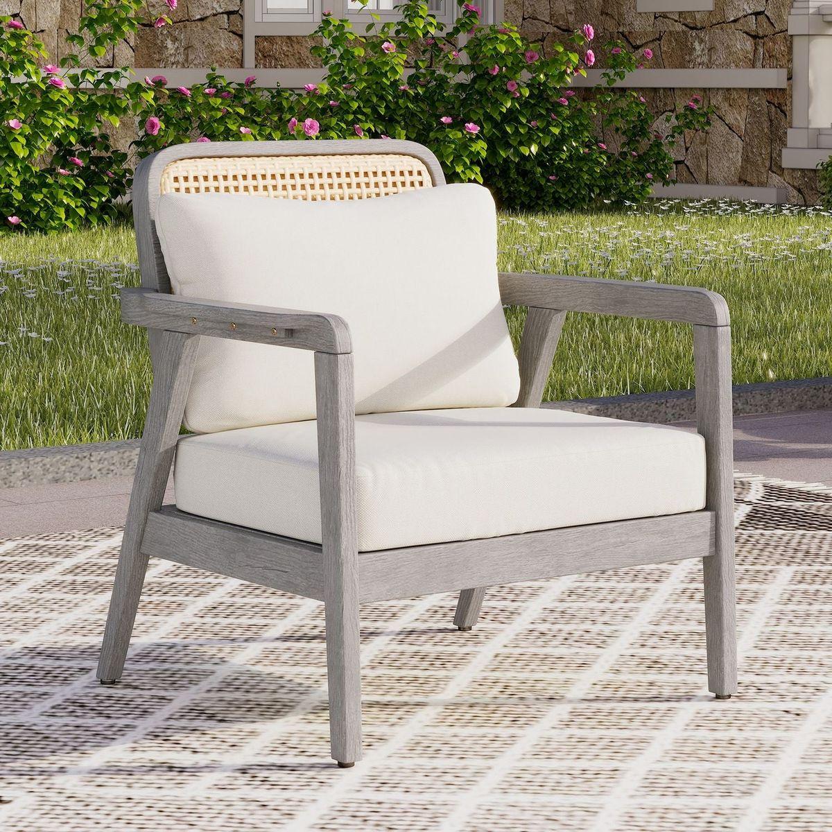 Outdoor Acacia Wood Patio Club Chair, Patio Furniture,Waterproof Thick Cushion Deep Seating for Porch, Garden, Backyard, Balcony, Weight Capacity 400lbs, Light Gray finish, Cream cushion - Streamdale Furniture